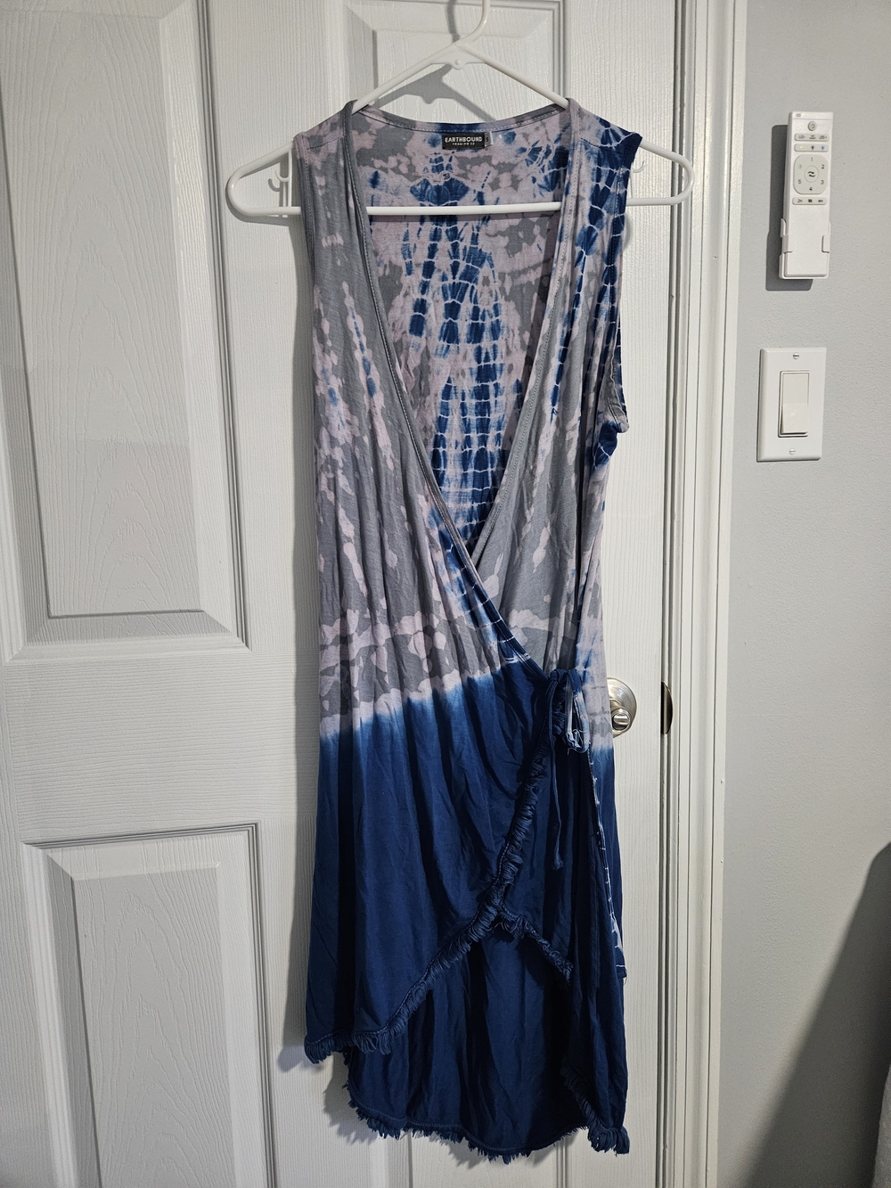 Sleeveless Tie-Dye Wrap Mini Dress in Blue and Gray